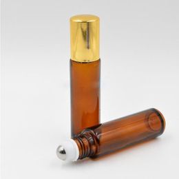 Nice Gold Cap 10ml Glass Amber Bottles 10CC Brown Roller Bottles with Stainless Steel Ball for Eliquid Eye Cream Rolling Glass Containe Apbe