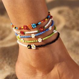 New Beaded Anklet Seed Bead Adjustable Colourful Flower Ankle Bracelet on the Leg Foot Trendy Jewellery for Women 230719