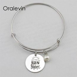 YOU ARE MY SUNSHINE Inspirational Hand Stamped Engraved Custom Pendant Expandable Wire Bracelet Gift Handmade Jewellery 10Pcs Lot #249Y