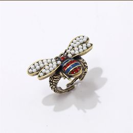 Fashion jewelry Copper retro pearl double-winged bee red and blue diamond ringRing for woman2794