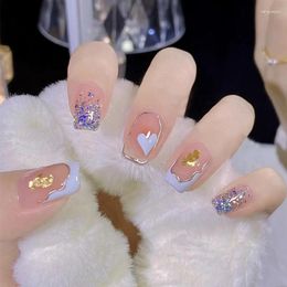 False Nails Manicure Short Love Heart Burst Glitter Fake Products Reusable Adhesive Nail Supplies Glue Press Things Accessories