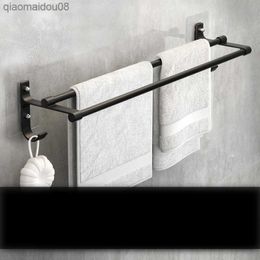 Bathroom Towel Racks Without Holes Space Aluminium Hanging Rack Suction Cup Toilet Wall Mounted Bathroom Double Rod Towel Bar L230704