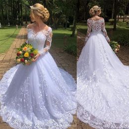 New Arabic Luxury A Line Wedding Dresses Sheer Neck Lace Appliques Crystal Beads Long Sleeves Zipper Back Court Train Plus Size Br193j