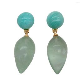 Stud Earrings YYGEM 1.4" Natural Amazonite Coin Teardrop Green Amethyst Cute Style For Women