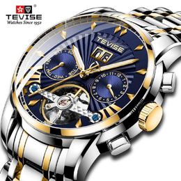 Top Luxury Brand TEVISE Automatic Men Watch Stainless steel Tourbillon Calendar Mechanical Wristwatch Men Business Clock292o