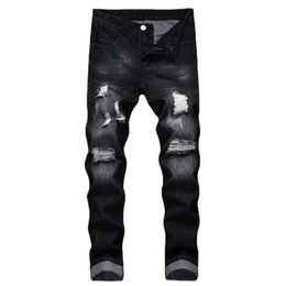 Men's Jeans Black Hole Denim Men Slim Solid Colour Bleached Ripped Full Length Casual Trousers Cowboy High Quality Fashion307x