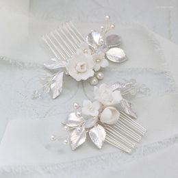 Hair Clips White Ceramic Flower Small Combs Bridal Pins Silver Colour Leaf Wedding Headpiece Handmade Pearls Women Jewellery