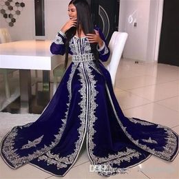 Dubai Arabic Navy Blue Long Sleeve Evening Dresses Crystal Beads Lace Applique abaya caftan Dubai Satin Floor Length Muslim Prom D269B