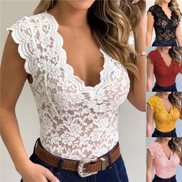 Women's T Shirts Women Slim Tunic Lace V Neck T-shirt 2023 Sexy Elegant Summer Short Sleeve Shirt Flower Tops T-shirts