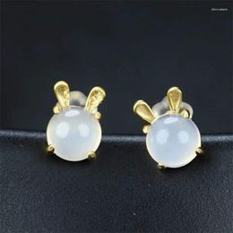 Stud Earrings Selling Natural Hand-carved Gold Colour 24k Inlay Jade Ears Studs Fashion Jewellery Men Women Luck Gifts