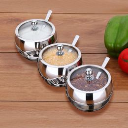 Herb Spice Tools 304 Stainless Steel Seasoning Pot Household Kitchen Coffee Jam Lid Salt With Spoons Tableware Condiment Pots With Glass Covers 230720