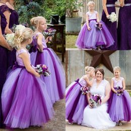 Square Tulle Ball Gown Bow Purple Sleeveless Floor Length Simple Wedding Dresses Flower Girl Dresses Beautiful308l