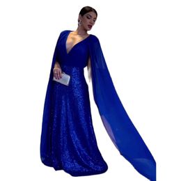 Royal Blue Sequins Evening Dresses V Neck Chiffon Cape Sleeve Formal Wear Pleated Floor Length Party Dresses for Women