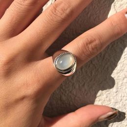Cluster Rings Retro Authentic S925 Sterling Silver Jewelry White Stone Opal Round Ring Adjust TLJ1071
