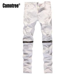 Whole- Mens Designer Slim White Ripped Holes Jeans Pants Skinny Biker Distressed Jeans Knee Zipper Design Streetwear224q