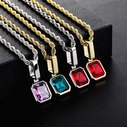 High Quality Yellow Gold Plated Blue Red Purple Bling Ruby Pendant Necklace with 24inch Rope Chain for Men Women Hip Hop Jewelry246I