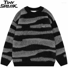 Men's Sweaters 2023 Men Streetwear Zebra Striped Sweater Furry Knitted Hip Hop Pullover Cotton Harajuku Soft Y2K Black