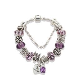 Delicate Purple Crystal Pendant Bracelet Suitable for Pandora Silver Plated Original Box Set DIY Angel Butterfly Charm Beaded Brac265l