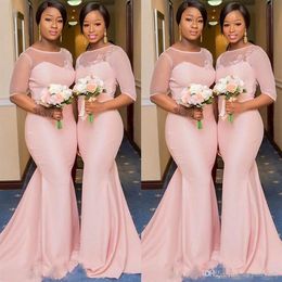 2019 Sheer Lace Neck Blush Pink African Nigerian Mermaid Bridesmaid Dresses with Sleeve Plus Size Maid of Honor Wedding Guest Gown295m