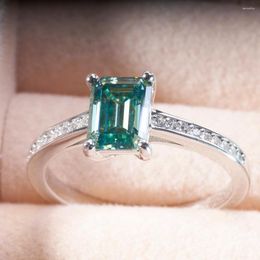 Cluster Rings 2 Blue Green Colour Moissanite Ring With Emerald Cutting Gemstone Female Dating Party Fine Jewerly Gift