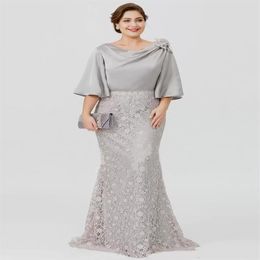 2022 New Silver Elegant Long Mother Of The Bride Dresses Half Sleeve Lace Mermaid Wedding Guest Dress Plus Size Formal Evening Wea3315