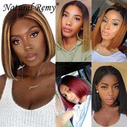 Straight 13X1 Lace Frontal Bob Wig Human Hair 180% Density Natural Off Black Omber Piano Color 8-14inch298L