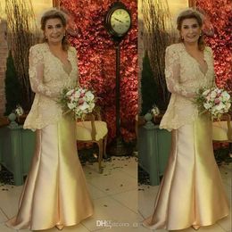 Cheap New Vintage Gold Mother Of The Bride Dresses Mermaid V Neck Long Sleeves Lace Appliques With Jacket Evening Dress Wedding Gu242r