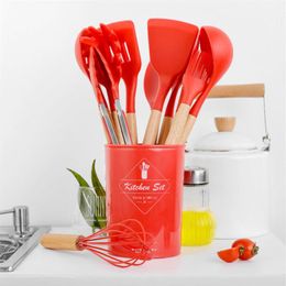 12PCS Red Colour Silicone Cooking Utensils Set Non-stick Spatula Shovel Wooden Handle Cooking Tools Set With Storage Box Kitchen To303n