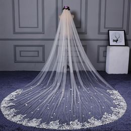 Champagne Tulle Approx 4 Metres Long Bridal Veils with Lace Appliques Charming Ivory Wedding Veil Accessories velo de novia largo305t