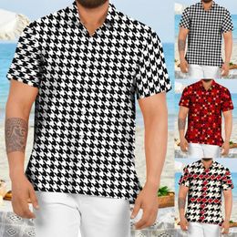 Men's Casual Shirts 100D Four Sided Cheque Short Sleeve Turn-Down Collar Button Blouse Male Beach Plaid Print Slim Cardigan