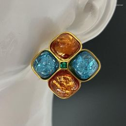 Dangle Earrings Retro Trendy Style Exquisite French Orange Square Patchwork Blue Mediaeval Niche Geometric Contrast Female