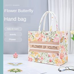 Evening Bags Flower Butterfly Canvas Bag Oil Painting Large Capacity Tote Girls Commuting Three-dimensional Handheld
