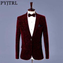 PYJTRL Men Autumn Winter Wine Red Velvet Floral Print Wedding Suit Jacket Slim Fit Blazer Designs Stage Costumes For Singers312G