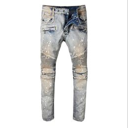 Men Draped Ripped Skinny Biker Holes Color Washed Jeans Destroyed Straight pants Slim Fit Denim Scratched Overalls Jean266i