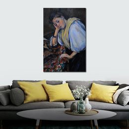 Abstract Canvas Art Young Italian Woman at A Table Paul Cezanne Handcrafted Oil Painting Modern Decor for Studio Apartment