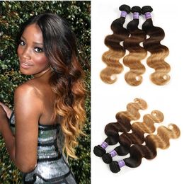 Ombre Human Hair Weaves Body Wave 3 Bundles Colored Three Tone 1B 4 27# Brazilian Ombre Remy Human Hair Extensions Thick Bundles291q