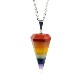 JLN Seven Chakra Hexagonal Cone Pendant Candy Colour Style Layered Dowsing Pendulum Gemstone Charm With Stainless Steel Chain For Yoga Meditation