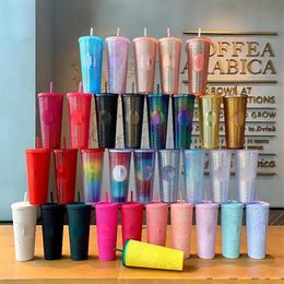 Double Barbie pink Durian Laser Straw Cup Tumblers Mermaid Plastic Cold Water Coffee Cups Gift Mug H1005225u