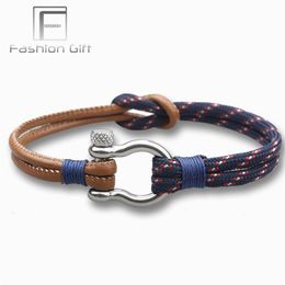 Fashion Men Leather Bracelets of Survival Stainless Steel Clasp Sport Climbing Rope Bracelet Handmade Jewelry209N