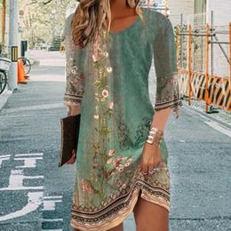 Casual Dresses Women V Neck Dress Floral Print Vintage A-line Soft Loose Fit With Trumpet Sleeves Feminine Elegant