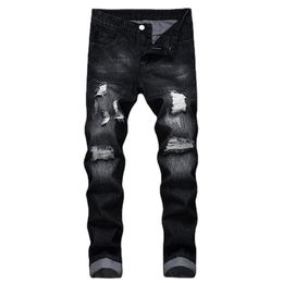 Men's Jeans Black Hole Denim Men Slim Solid Colour Bleached Ripped Full Length Casual Trousers Cowboy High Quality Fashion254q