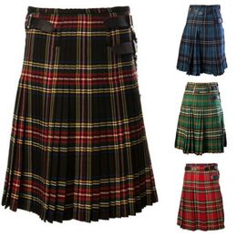 HEFLASHOR 2020 Casual Pleated Scottish Kilts Mens Fashion Pants Cargo Personality Trousers Plaids Pattern Loose Half Skirts Male3117