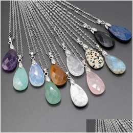 Pendant Necklaces Fashion Waterdrop Shaped Rose Quartz Powder Pink Green Amethyst Crystal Stainless Steel Chain Necklace Wom Dhgarden Dhhf1