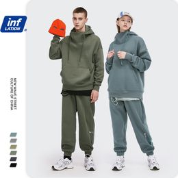 Men's Tracksuits INFLATION Men Thick Fleece Tracksuit Winter Warm Hoodie and Sweatpant Set Unisex High Collar Oversized Jogging Suit 230719