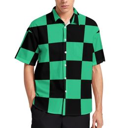 Mens Casual Shirts Tanjiro Kamado Green Black Plaid Cosplay Kimetsu No Yaiba Anime Demon Slayer Beach Shirt Hawaii Novelty Blouses 230720