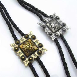 Bolo Ties Bolo tie New Square Retro Shirt Chain Pattern Poirot Rope Leather Necklace Long tie Pendant HKD230719
