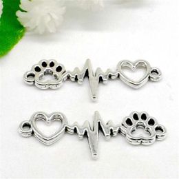 100Pcs Vintage Silver Paw Print Heart Electrocardiogram Symbol Connectors for Bracelet Charms Jewelry Making 34x12mm246z