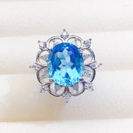 Cluster Rings Natural Real Blue Topaz Luxury Big Flower Ring 925 Sterling Silver 10 12mm 6ct Gemstone Fine Jewellery Women X223282