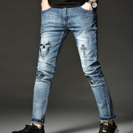 Skull Mens hop-hip Embroidery Soft Stretch Cotton Denim Slim Light Blue Jeans Vintage Casual Streetwear Pants226A