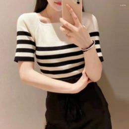 Women's Sweaters F GIRLS 2023 Summer Simple Stripe Jumper Japan Backless Bow Tie Knit Top Solid Color Slim Fit Half Sleeve All-matched